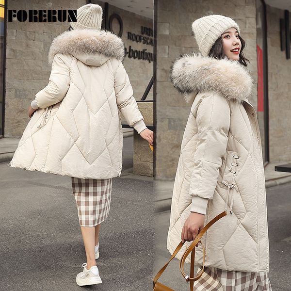 

forerun real fur hooded coat female winter long jacket women casual plus size 3xl parkas cotton padded warm winterjas dames, Black