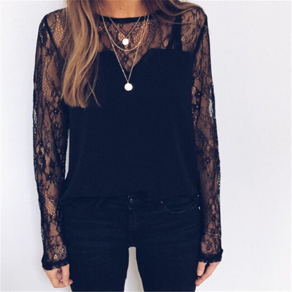 

trendy women clothes ladies lace mesh loose round neck casual long sleeve transparent pullover t-shirts one pieces, White