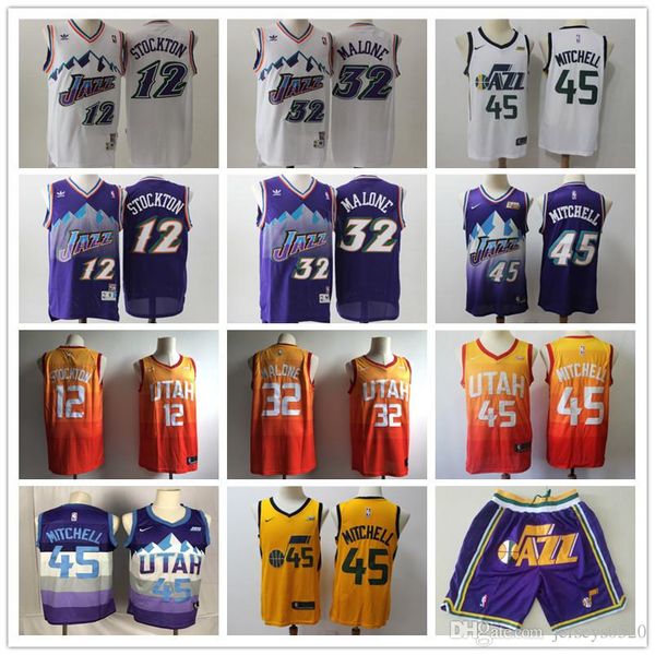 

mens utah jazz throwback jersey 12 john stockton 32 karl malone donovan 45 mitchell basketball jerseys basketball shorts purple