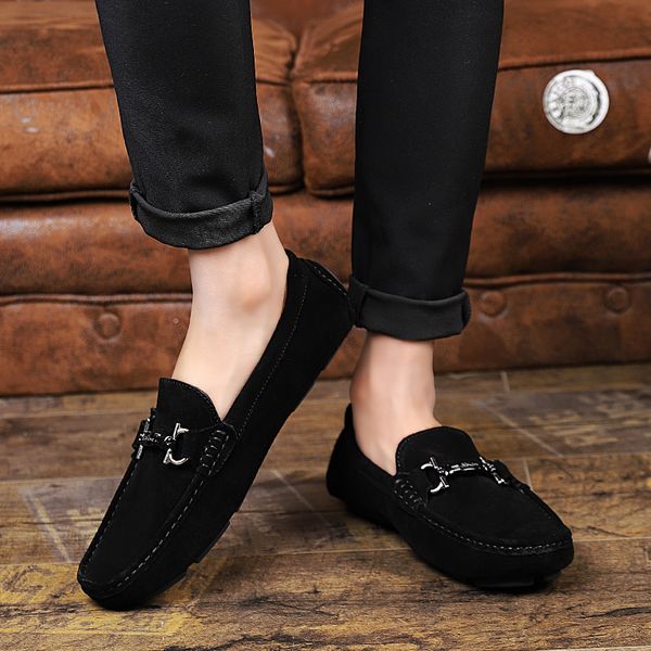 

new fashion cow suede leather men flats men casual shoes loafers moccasin driving shoes hommes chaussures, Black