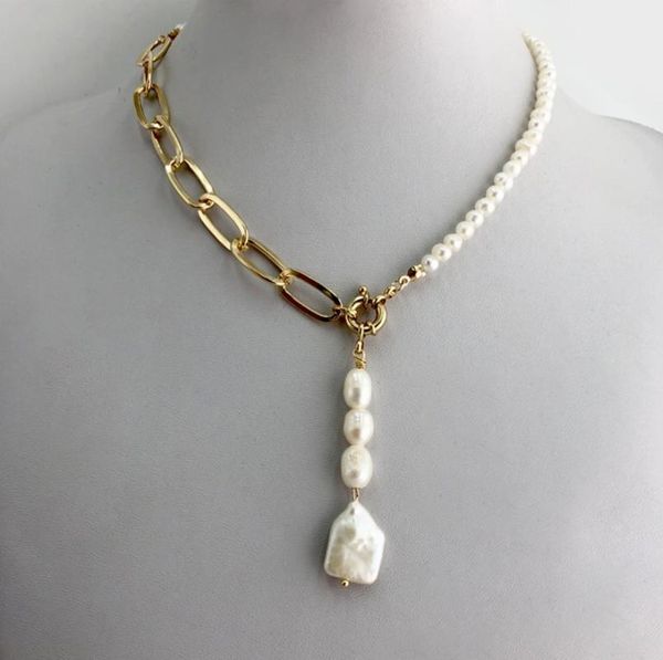 

2020 new fashion freshwater pearl irregular pendant gold color metal chain necklace bracelets for women girls punk jewelry sets, Silver