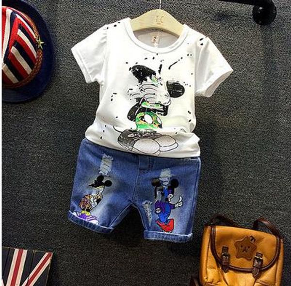 

cartoon boy t-shirt +hole jeans 2pcs set children's clothes children's wear 2019 spring summer baby kids boys sports casual suit, White