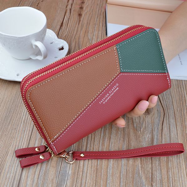 

brand designer phone bags leather wallets women patchwork long zipper coin purse money holders female clutch wallets, Red;black