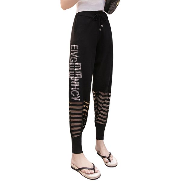 

pants for women new 2020 summer women's bloomers pants thin section mesh splice harem large size black pantalones de mujer, Black;white