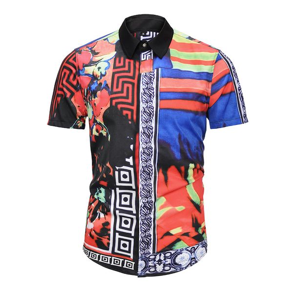 

asian size personality unique color mix mens short sleeve fashion luxury design print dress shirt, White;black