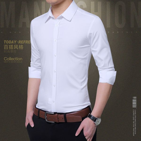 

autumn slim men's dress shirts solid color designer long sleeve lapel neck mens shirts fashion skinny party male dress shirts, White;black