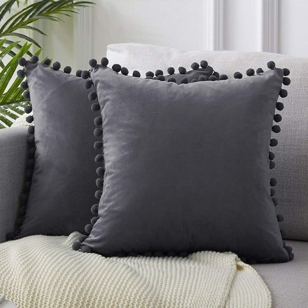 

luxury pom-pom velvet cushions candy color solid color zipper cover home decor sofa living room throw pillow case 45 x 45cm