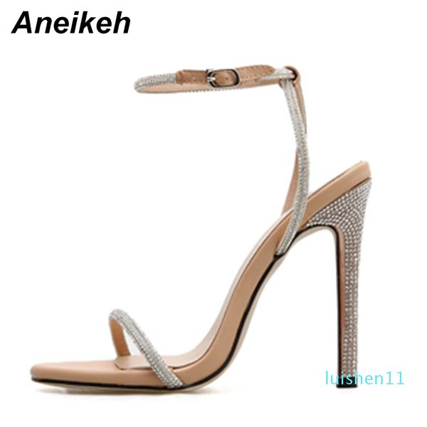 

aneikeh summer 2019 concise pu women heeled sandals ankle buckle strap thin high heels round toe party apricot black size 35-40 l11