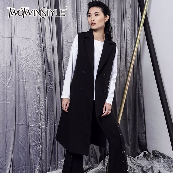 

twotwinstyle waistcoat for women irregular split double breasted lapel collar midi long coat female spring black tide clothes, Black;white