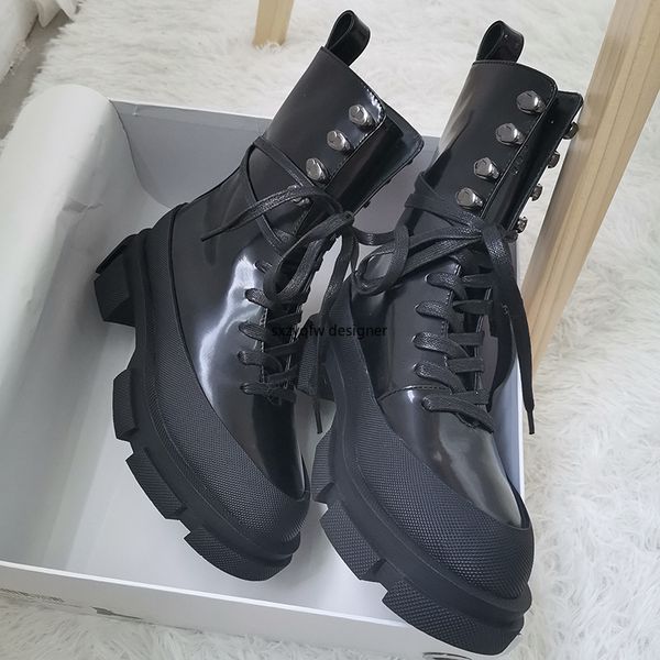 

patent leather non-slip platform boots women botas mujer lace-up mortorcycle boots ladies thick bottom round toe retro new, Black