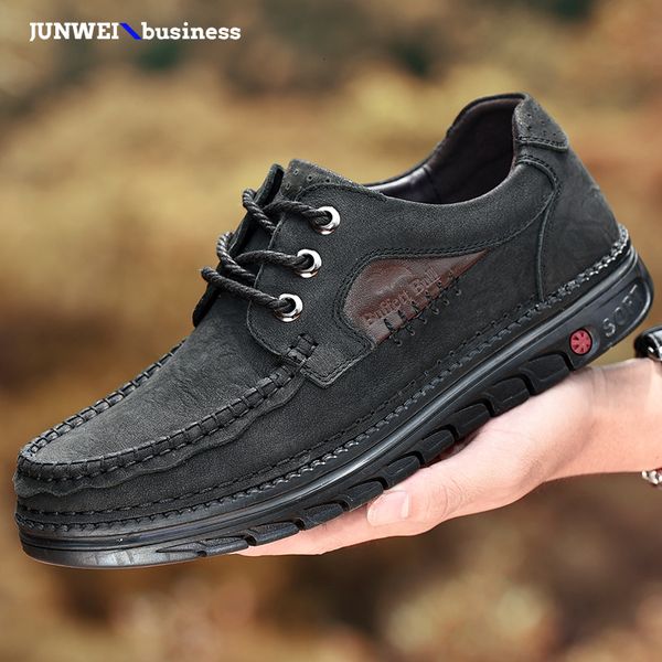 

genuine shoes mens leather boat shoes for men waterproof breathable handmade sewing driving sneakers male fashion l5, Black