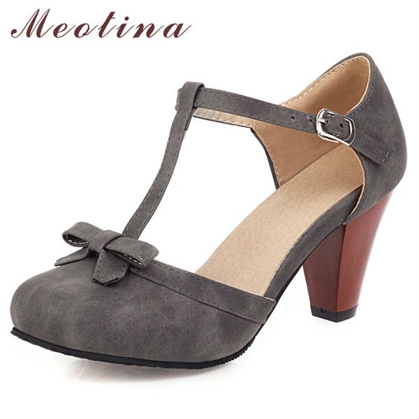 

meotina high heels women pumps buckle spike high heels t-strap shoes elegant bow round toe party shoes female new plus size 4-12, Black