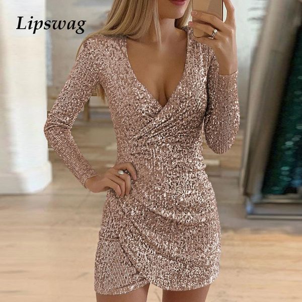 

женщины выдалбливают v-образным вырезом щелевая мини платье осень sexy пришивания блеск блестящий bodycon платье зимы с длинным рукавом баль, Black;gray