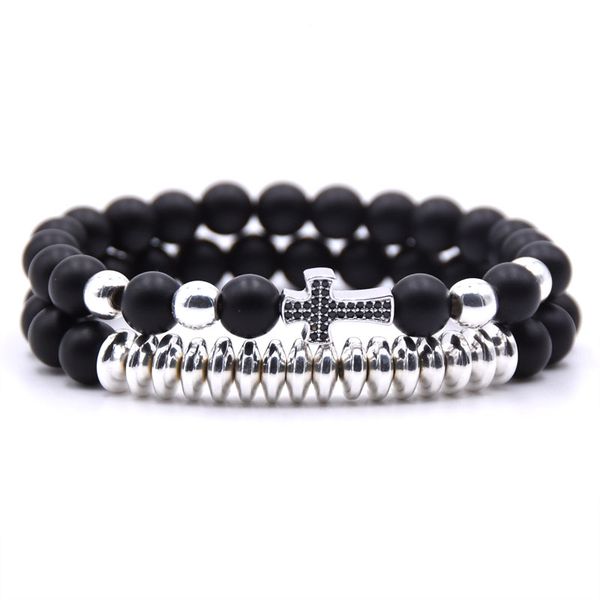 

2pcs/set trendy 8mm matte black bead bracelets for men&women cz cross charm bracelet men jewelry 2019