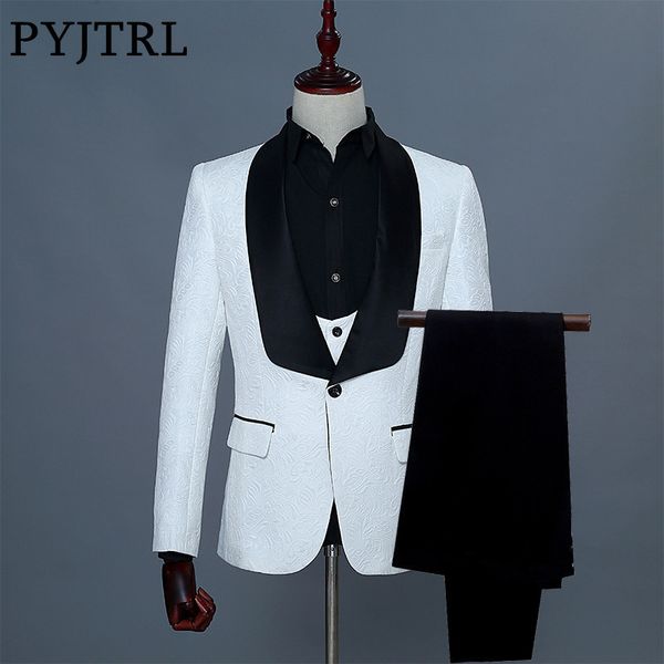 

pyjtrl brand men three pieces set wedding fashion suit slim fit tuxedos for men shawl lapel white jacquard prom party wear, White;black