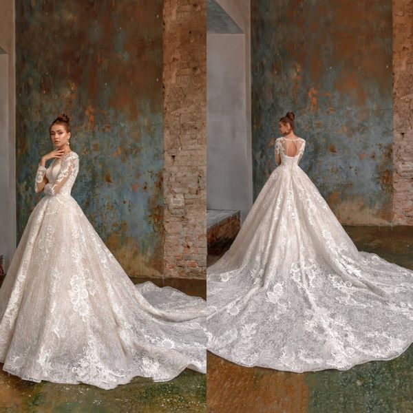 

2020 ball gown wedding dress jewel neck long sleeves hollow back applique wedding dress sweep train bride gowns, White