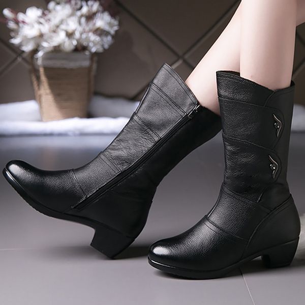 

2019 new mid calf boots women fashion pu leather boot female rubber boots for women antiskid elegant design shoes woman comfy, Black