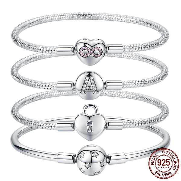 

fashion 100% 925 sterling silver love heart lock snake bone chain luxury bracelet & bangle jewelry christmas gift 17-19cm, Golden;silver