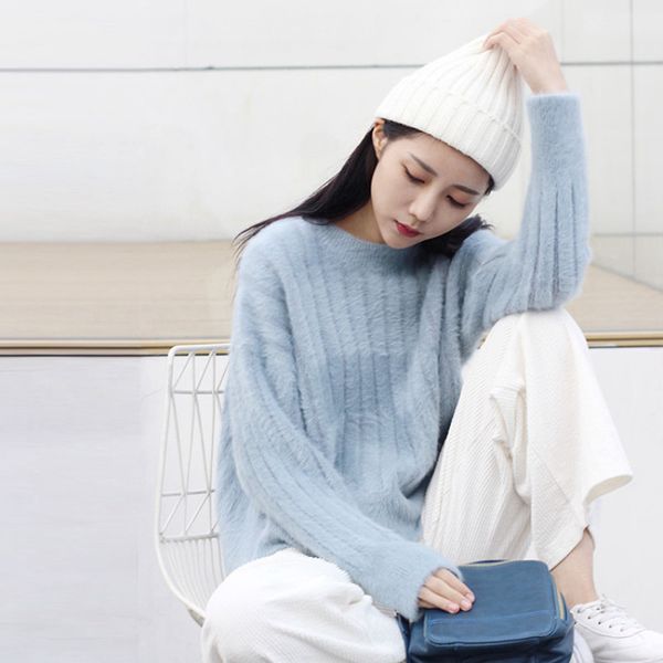 

women's sweaters blue imitation velvet sweater loose short autumn winter women clothing, White;black