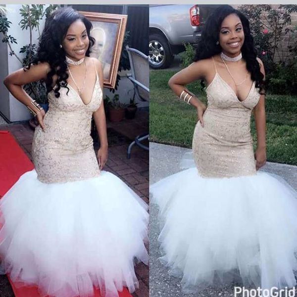 

glitter sequin mermaid prom party dress deep v neck for black girls lace white tulle skirt with straps african evening formal gowns cheap