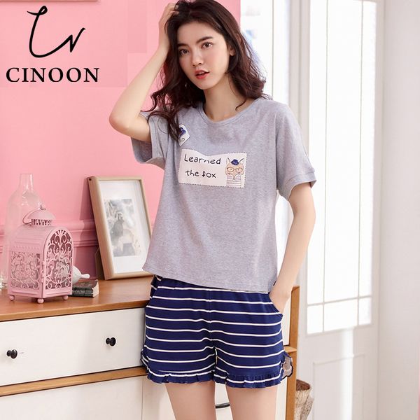 

cinoon women cotton pajamas sets cartoon short suit casual homewear fashion sleepwear sale, Blue;gray