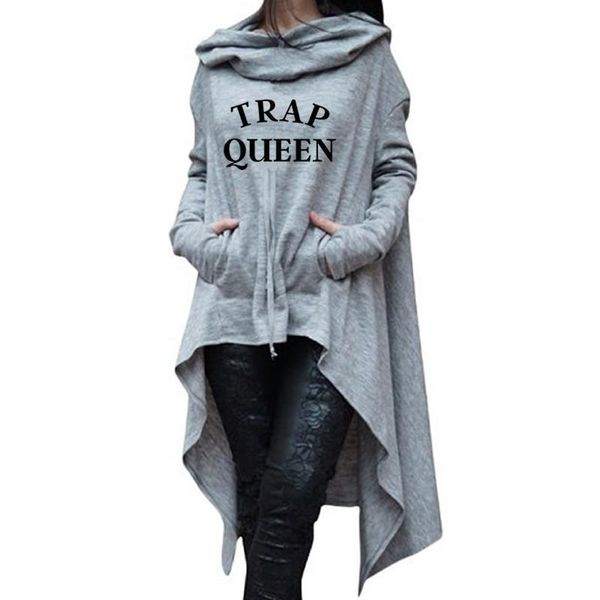 

for women long irregular trap queen letters print kawaii sweatshirts femmes loose printing pockets street thick sweet, Black