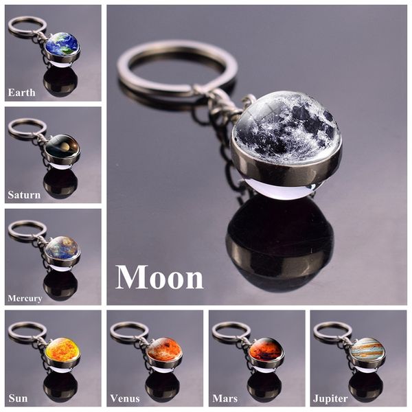 

solar system planet keyring galaxy nebula space keychain moon earth sun mars art picture time gem double side glass ball key chain rings, Slivery;golden