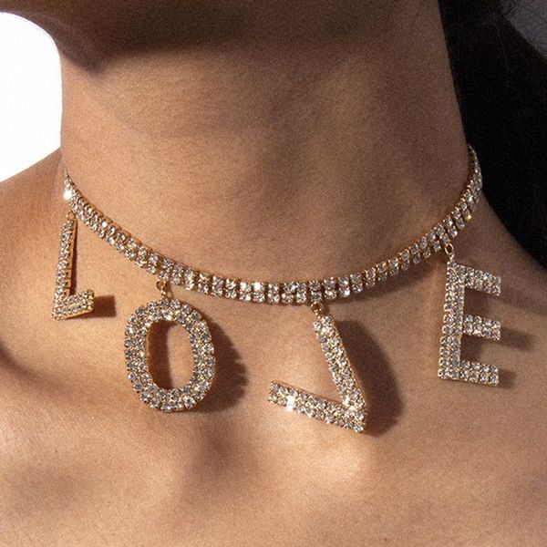 

crystal любовь письмо choker женщины ограничители воротник femme себе punk rhinestone ожерелье цепи пара готические ювелирные изделия, Silver