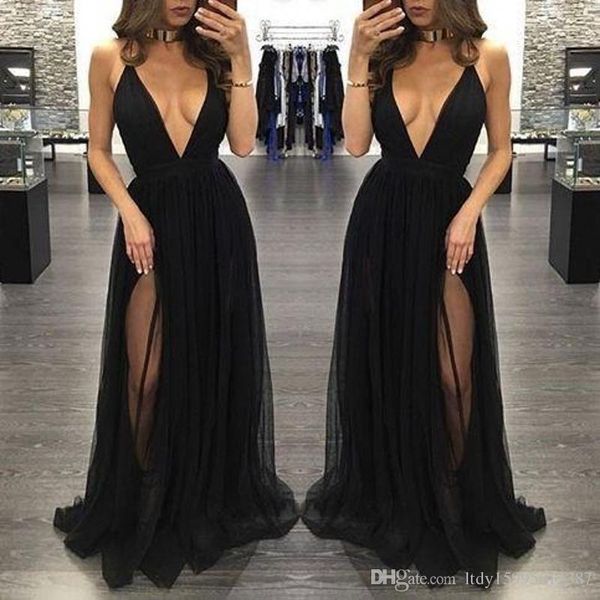 

modest high fashion black prom dresses deep v-neck backless side split backless tulle dresses evening wear red carpet gowns 1064