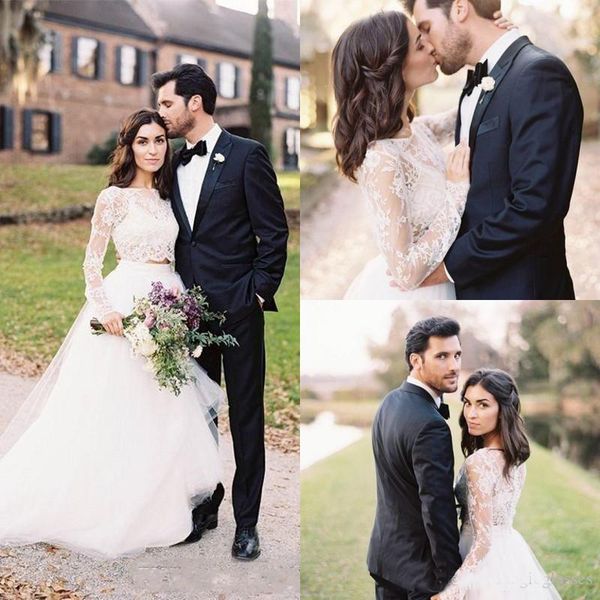 

2019 Romantic Two Pieces Wedding Dresses Long Sleeve Bateau Neck Lace Applique Top Tulle Skirt Garden Bridal Gowns Custom Made