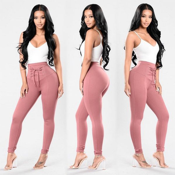 

women high waist legging pants elastic waisted bandage skinny stretch long pencil pants womens lace up capris trousers, Black;white