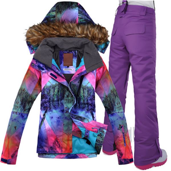 

gsou snow women ski suit super warm fur hooded windproof jacket pant waterproof outdoor sport wear skiing snowboard coat trouser