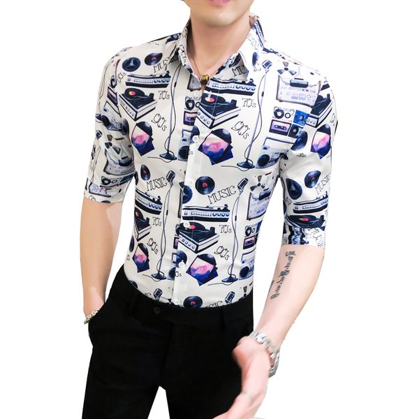 

fashion print shirt men summer 2020 all match slim fit mens casual white shirts tuxedo streetwear half sleeve blouse homme 3xl, White;black