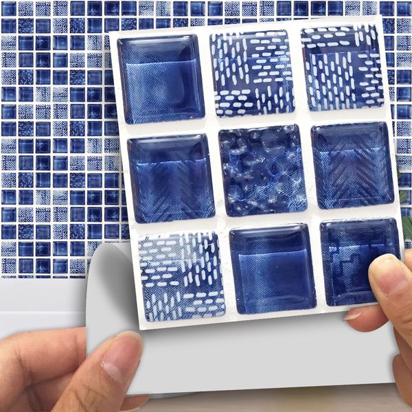 

european-style blue glass mosaic tile marble stickers for bathroom, kitchen, waterproof art, murals, ethylene, wallpaper, mts003