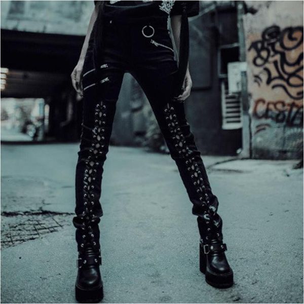 

women designer leggings women designer pants punk gothic lace pencil pants autumn women fake zippers pocket tie up skinny long trousers, Black;white