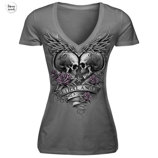 

new polyester t shirts rose skull head printed short sleeve t shirt v neck fashion casual tee ladies female shirts, White