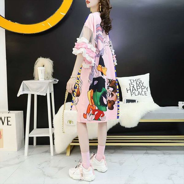 

mesh stitching loose design niche women's short-sleeved medium-length half-sleeved upper clothes mesh stitching loose design niche t-sh, White