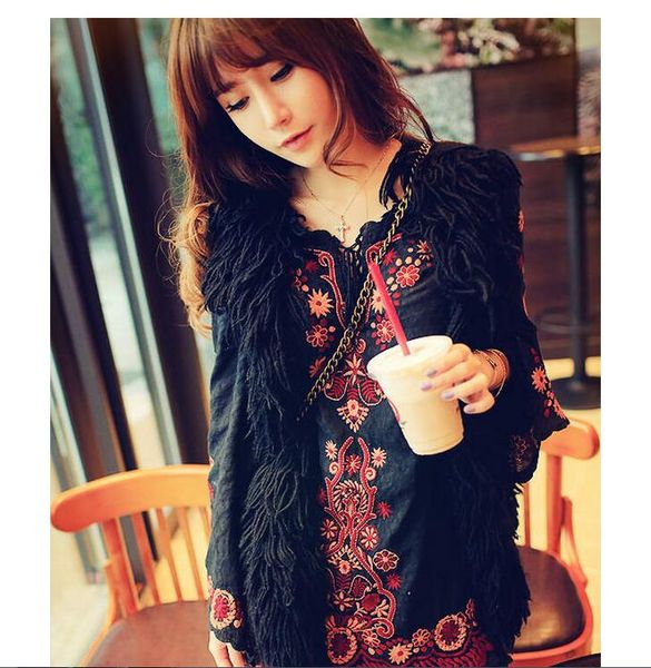 

dress mori girl vintage 70s mexican ethnic floral embroidery dress boho hippie dresses women clothing autumn vestidos, Black;gray