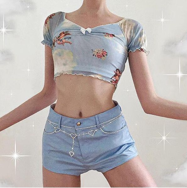 

короткие рукава сетка женщина v шеи ангел печать рюши мода vintage tank top, White