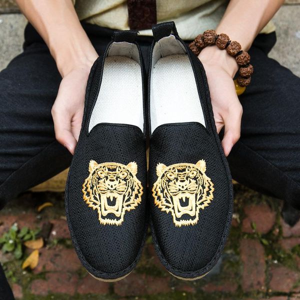 

hemp espadrilles mens tiger embroidery casual shoe slip on loafer flat shoes handmade fisherman canvas shoes sneaker c09, Black