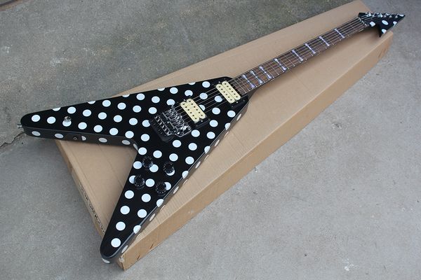 

factory custom black unuaual electric guitar with white dots pattern,rosewood fingerboard,floyd rose,hh pickups,can be customized