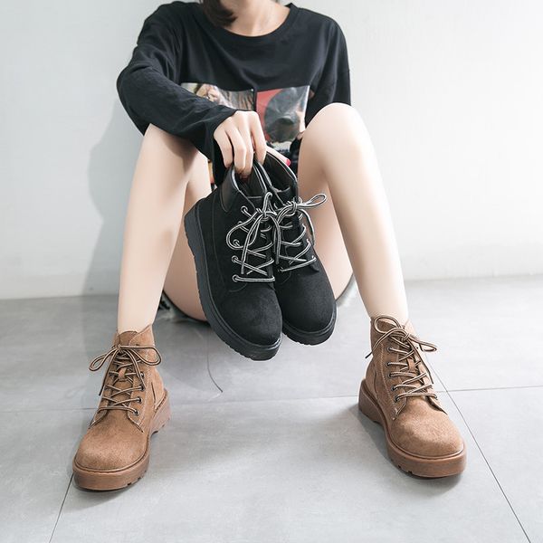 

lace up boots shoes round toe booties ladies low heels booties boots-women winter footwear luxury designer rock 2019 2020 mid, Black