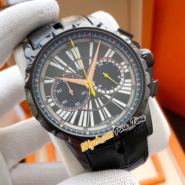 

new excalibur 44 rddbex0265 roman black dial quartz chronograph mens watch pvd black steel case black leather strap sport watches pure_time, Slivery;brown