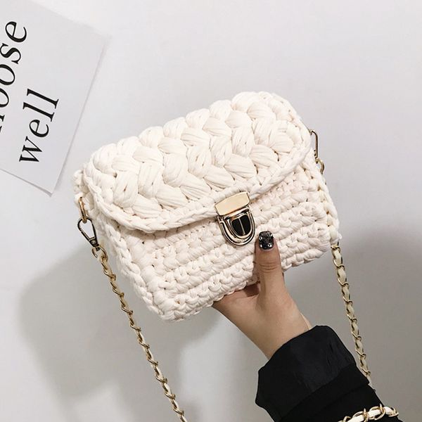 

casual solid hand-woven square women bags cotton handmade crochet women's shoulder bag chains lock crossbody bags for women 2020