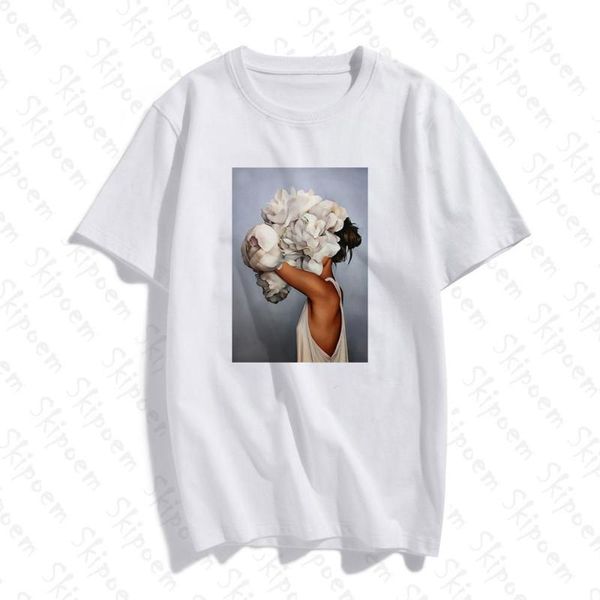 

новый хлопок harajuku эстетика tshirt sexy flowers перо для печати с коротким рукавом топы тис моды случайные пары футболку, White