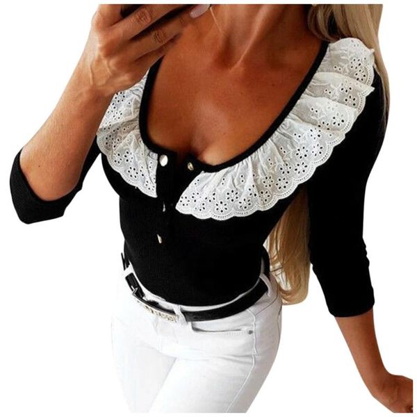 

черная белая рубашка вскользь женщин способа уравновешивания шнурка deep o-образным вырезом рубашки блузка с длинным рукавом кнопки slim fit, White