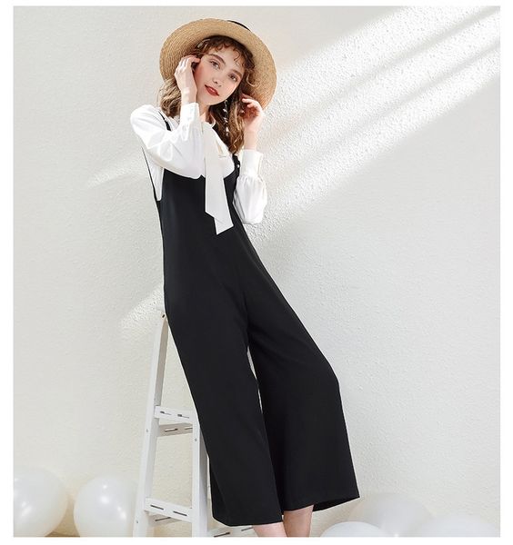 

2020 spring new women's bib pants straight wide leg pants was thin and loose overalls women, Black;white