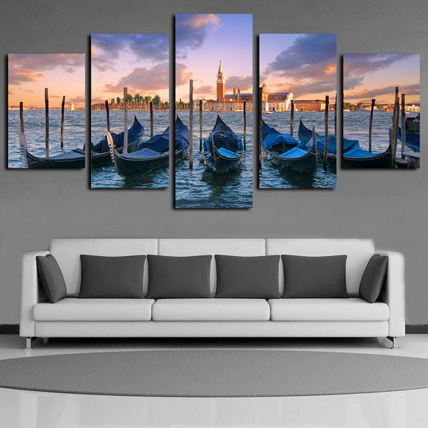 

5 panels canvas prints wall art paintings blue boat seascape paintings seaside city sunset poster print on canvas oil paintngs wall decor