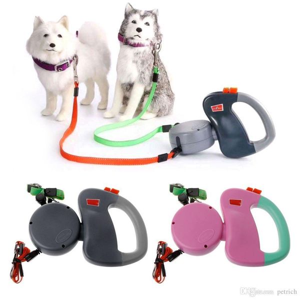 

dual-head automatic retractable pet leash for dog outdoors travel up to 50 lbs per dog and zero tangle - walk two dogs at once