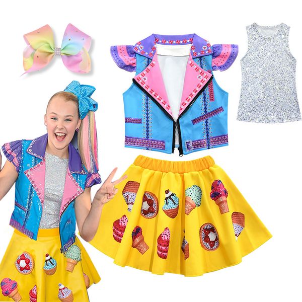 

4-12 years jojo siwa set girls full sleeveless jacket vest dress hair clip girls cosplay costume clothing jojo siwa suit clothes